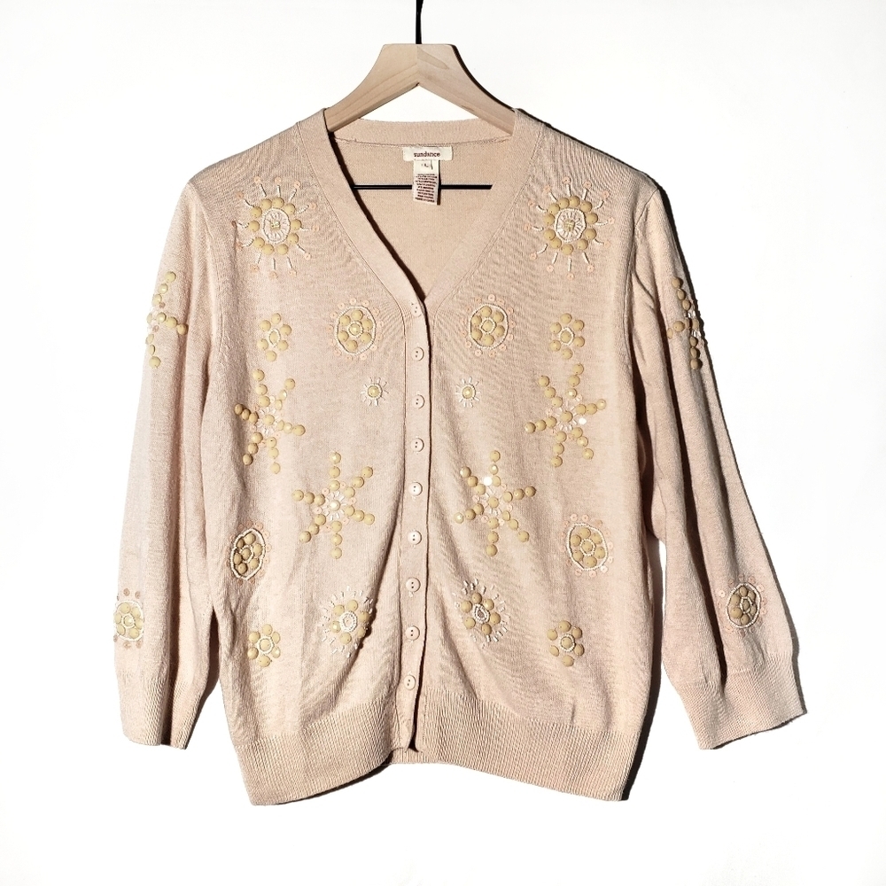 Sundance Embellished Wool Cardigan L Peach Blush Beaded Button Front Sweaterโ